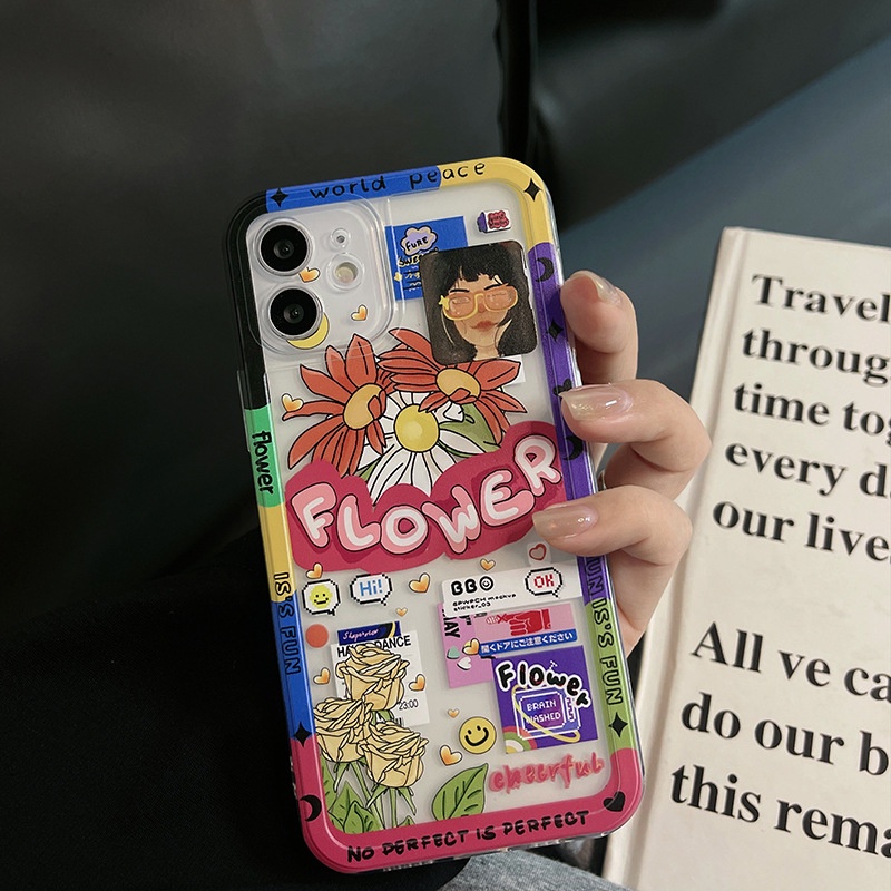 IPHONE Ins Vintage Doodle Transparan Lembut TPU Ponsel Case Cover Untuk Iphone7 8 PLUS X XR XS 11 12 13 MINI PRO MAX SE 2020