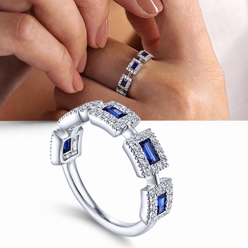 Cincin Jari CZ Putih Biru Berkilau Untuk Wanita Berbentuk Geometris Fashion Mewah Perempuan Rings Indah Pernikahan Band Perhiasan