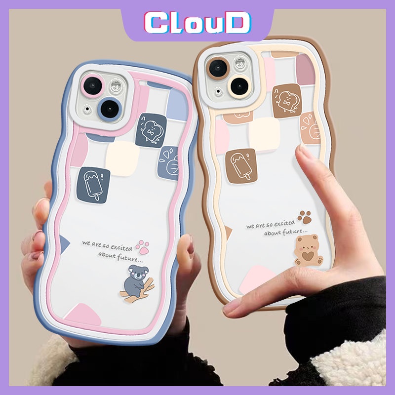 IPHONE Casing Ponsel Kompatibel Untuk Iphone11 13 14 12 Pro Max 7Plus X XR XS Max7 8 6s 6plus14 Plus SE 2020 Pasangan Kisi Kartun Lucu Beruang Lembut Tpu Penutup Tepi Bergelombang