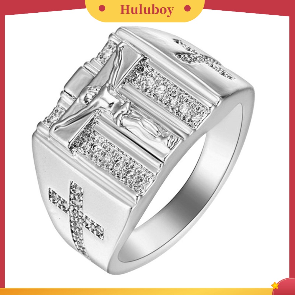 {Ready Stock} Chic Salib Yesus Ukir Cubic Zirconia Bertatahkan Cincin Unisex Perhiasan Pernikahan Hadiah