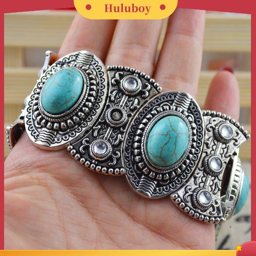 {Ready Stock} Retro Hadiah Wanita Oval Pirus Ukir Tibet Bangle Gelang Boho Perhiasan