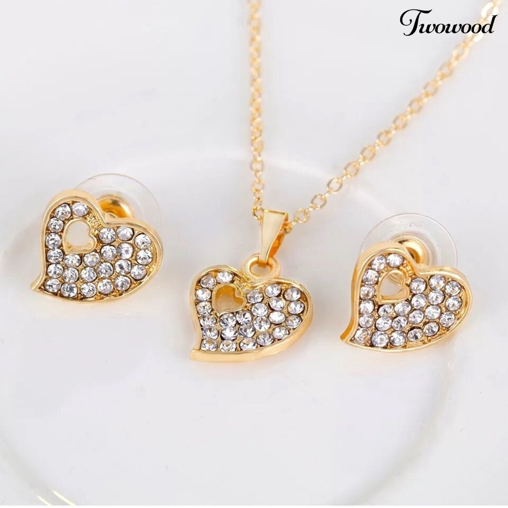 Twowood 4pcs/Set Perhiasan Wanita Bentuk Hati Hias Berlian Imitasi Warna Emas Shiny Lady Gelang Cincin Set Untuk Pernikahan