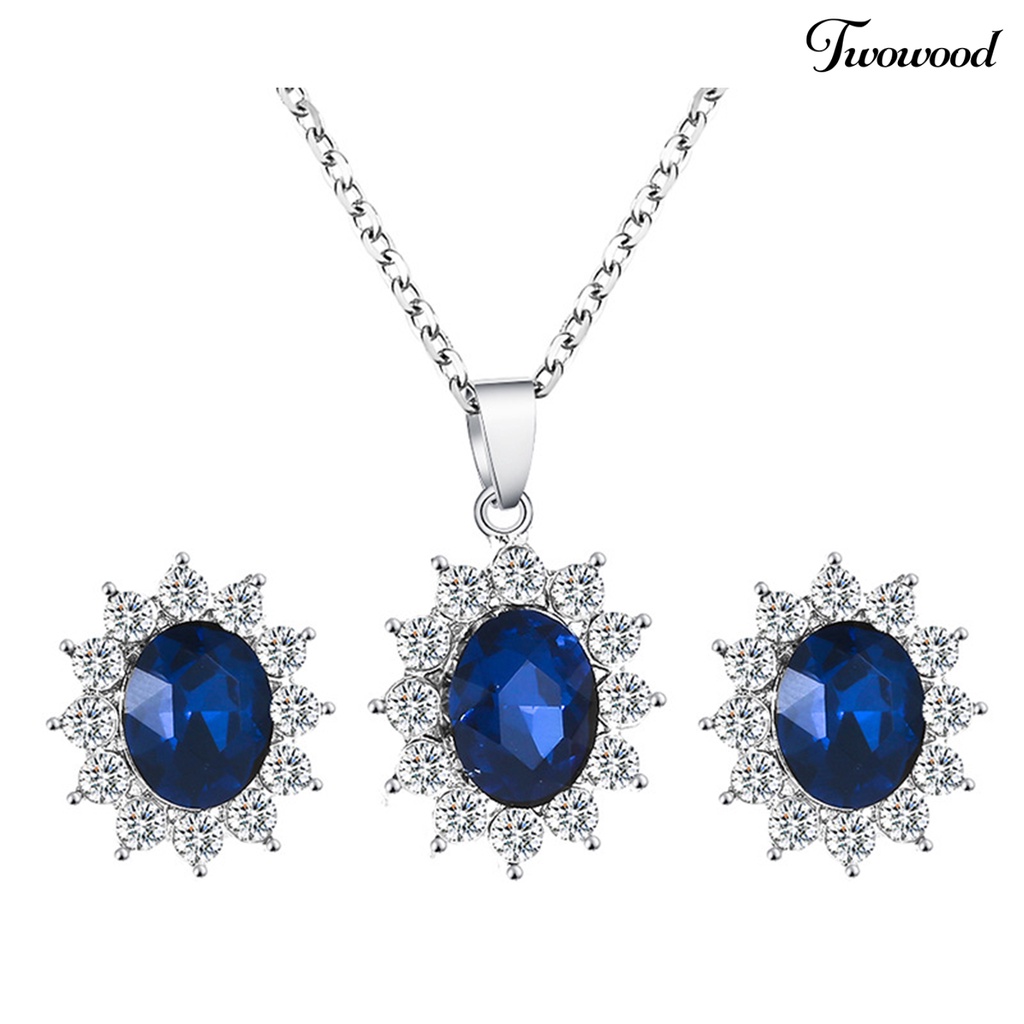 Twowood 2Pcs/Set Rantai Logam Mulia Elegan Kalung Anting Cubic Zirconia Bentuk Bunga Anting Pengantin Kalung Set Perhiasan Aksesori