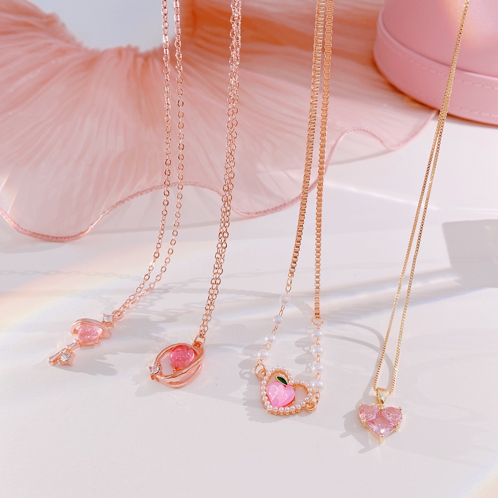 Fashion Perak Kalung Manis Merah Muda Zirkon Liontin Kalung Sayap Busur Kupu-Kupu Hati Kunci Rantai Choker Untuk Aksesoris Wanita