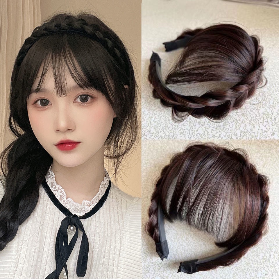 Wig Alami Twist Kepang Bando Dengan Poni Fashion Wanita Aksesoris Rambut