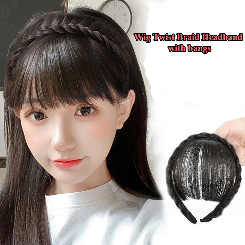 Wig Alami Twist Kepang Bando Dengan Poni Fashion Wanita Aksesoris Rambut