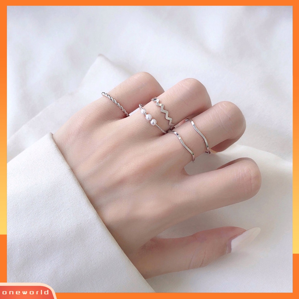 [EONE] 5pcs Cincin Jari Bergelombang Gaya Jepang Korea Mutiara Imitasi Perhiasan Electroplating Stackable Rings Set Untuk Pesta Pernikahan Perjamuan Prom