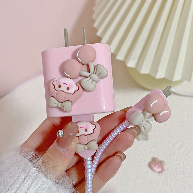 IPHONE Kartun Gadis Cherry Silikon Anti Putus Kabel Data Spiral Winder Pelindung Case Ponsel Charger Plug Pelindung Cover Kompatibel Untuk Iphone5 /18/20W Charger Data Line