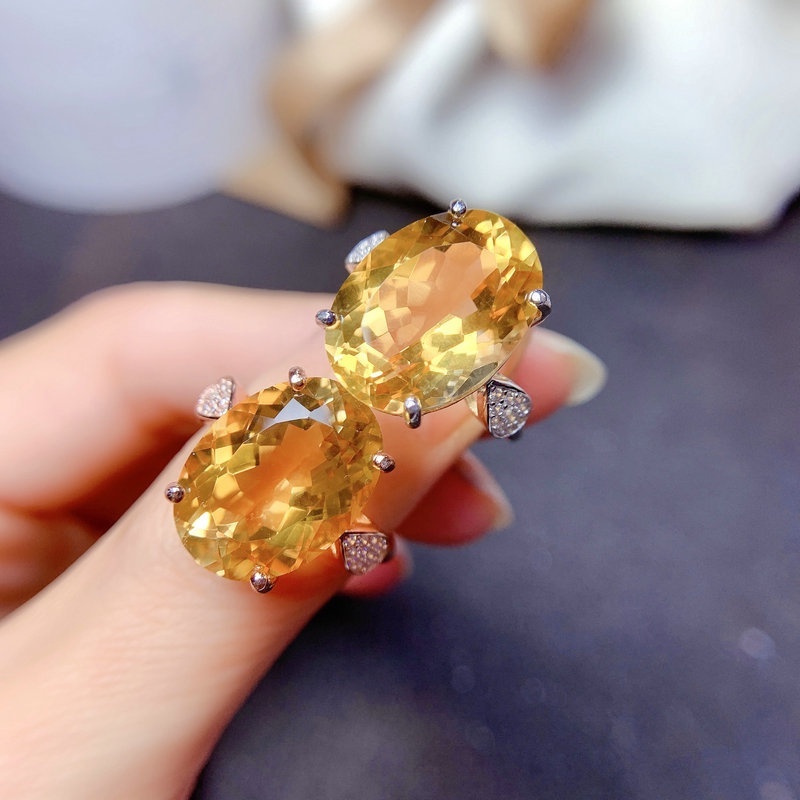 Goldkingdom Aksesoris Perhiasan Fashion Ready Stock Brilliant Berlian Kuning Natural Topaz Cincin Butir Besar Terbuka Caibao Cincin Wanita