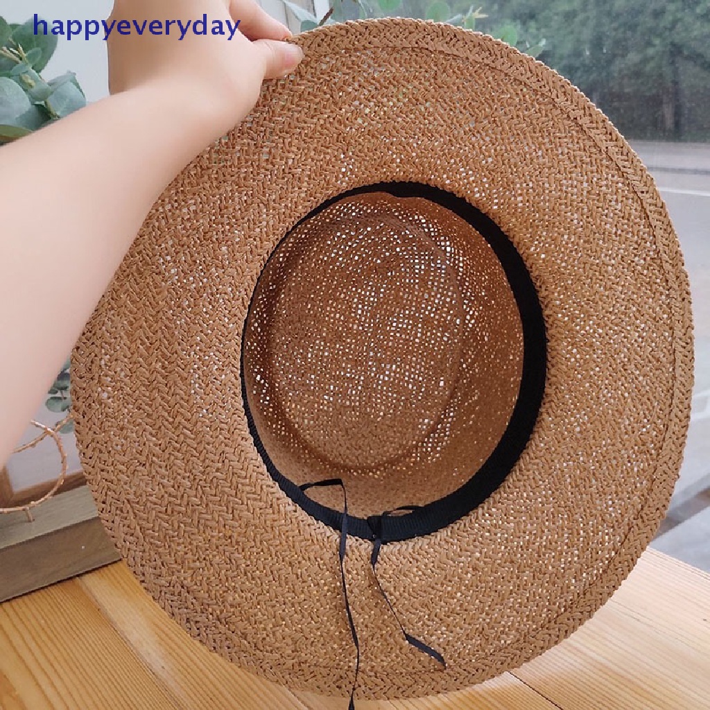 [happy] Natural Straw Hat Topi Pantai Pria Topi Cekung Datar Pelindung Visor Topi Perahu Matahari [ID]