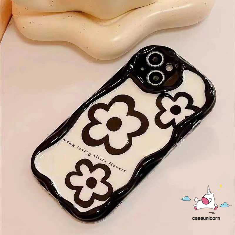 Casing Simple Tiga Bunga Glossy Kompatibel Untuk IPhone 7Plus XR 11 Pro Max 6s 8 6 7 Plus 13 14 12 Pro Max X XS Max SE 2020 3D Wavy Curved Edge White Shockproof Airbag Soft Cover