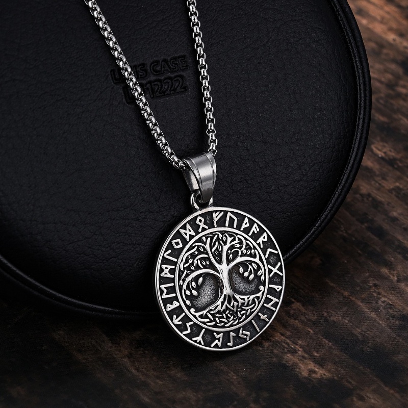 [X C Kalung] Baru Silvery Vintage Viking Rune Life Tree Pendant Punk Hip Hop Stainless Steel Kalung Hadiah Pesta Ulang Tahun Untuk Pria Dan Wanita