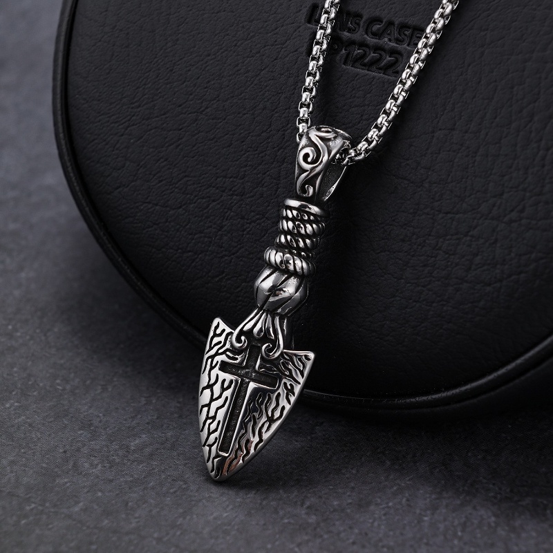 [X C Kalung] Baru Silvery Vintage Viking Salib Tombak Baja Titanium Liontin Punk Hip Hop Stainless Steel Kalung Hadiah Pesta Ulang Tahun Untuk Pria Dan Wanita