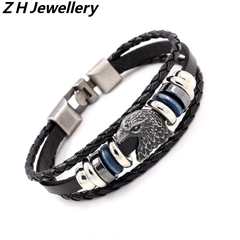 [Z H Perhiasan] Vintage Rock Eagle Kulit Asli Gelang Pria Dan Wanita Fashion Anti Karat Multilayer Manik-Manik PU Gelang Punk Pesta Perhiasan Aksesoris