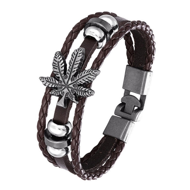 [X C Gelang] Baru Maple Leaf Style Gelang Kulit Hitam Vintage Hip Hop Punk Gelang Kulit Lengan Manik-Manik Multilayer Zinc Alloy Anyaman Gelang