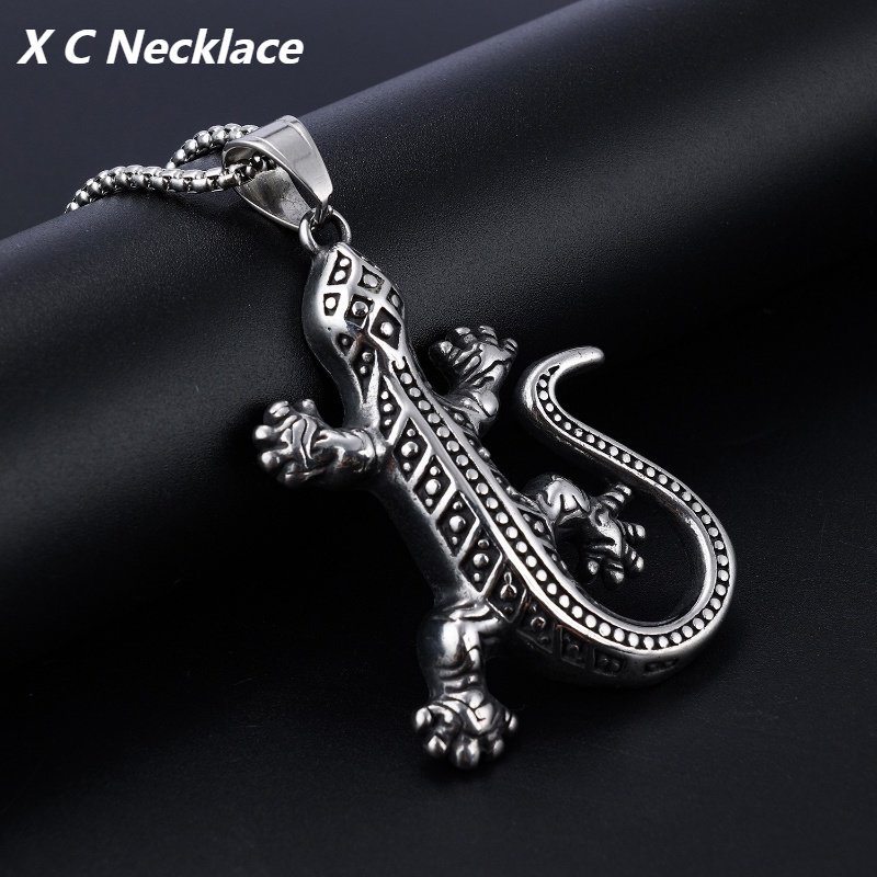 [X C Kalung] Baru Silvery Tokek Cicak Baja Titanium Liontin Punk Hip Hop Stainless Steel Kalung Hadiah Pesta Ulang Tahun Untuk Pria Dan Wanita