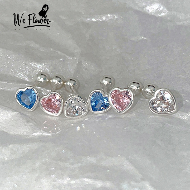 Kami Bunga Halus s925 Perak Berkilau Biru Pink Kristal Jantung Stud Anting-Anting Untuk Wanita Perempuan Elegan Tindik Bola Kecil Zirkon Cinta Sekrup Anting-Anting Fashion Tulang Rawan Telinga Perhiasan