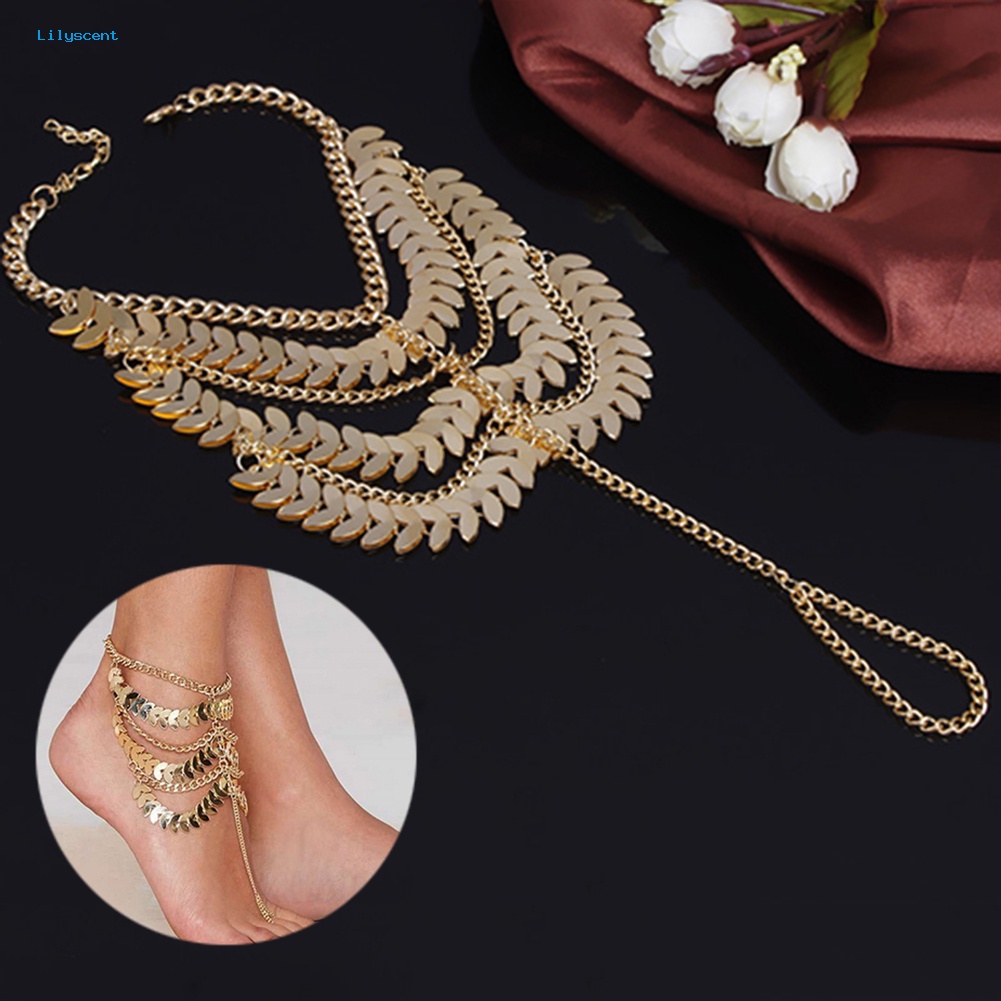 Lilyscent Tassel Ankle Bracelet Multi-Layer Anklet Golden Leaves Chain Toe Ring Barefoot