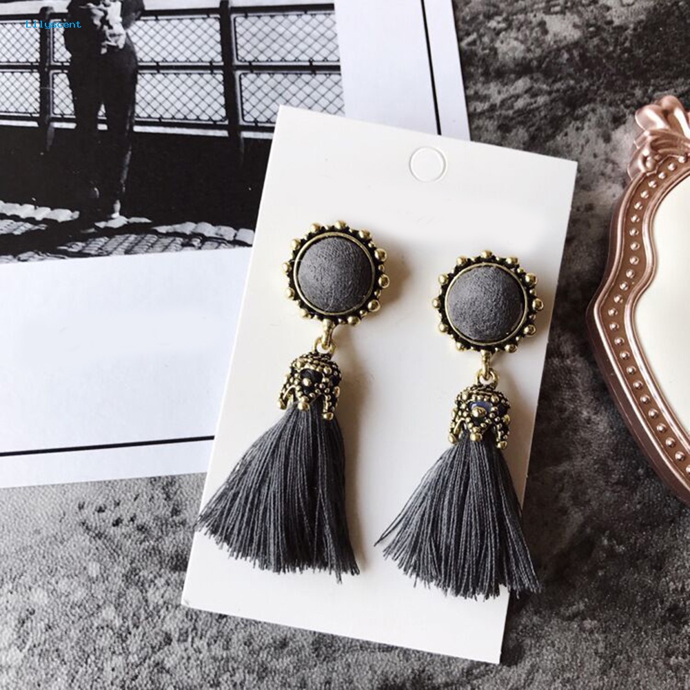 Lilyscent Vintage Wanita Rumbai Berpohon Drop Bulat Telinga Stud Anting Perhiasan Pernyataan