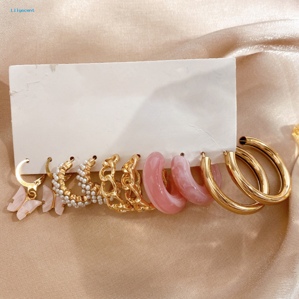 Lilyscent 5pasang Anting Menjuntai Anti Karat Aksesoris Perhiasan Anting Lingkaran Kupu-Kupu Set Tindik