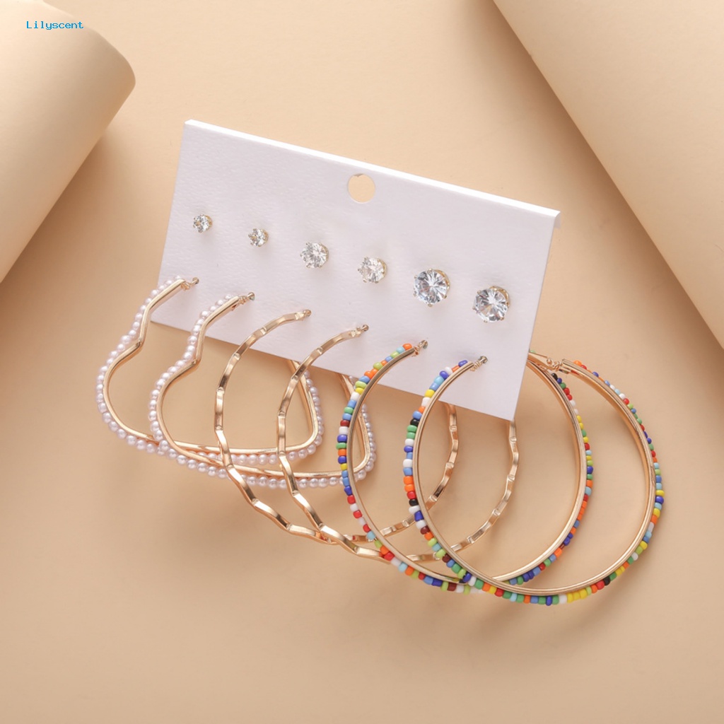 Lilyscent 6pasang Good Gloss Ear Studs Perhiasan Hadiah Lingkaran Anting Telinga Studs Pakaian Pesta Malam Geometris