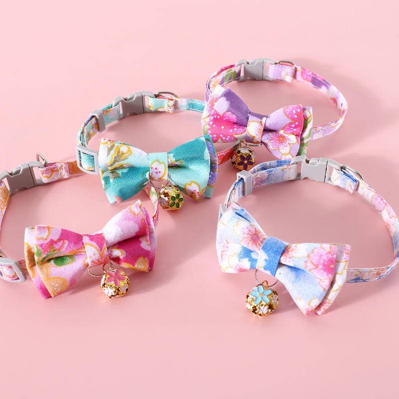 Pet cat collar flower bow with bell pendant print detachable bow tie cat dog adjustable Kalung Aksesoris