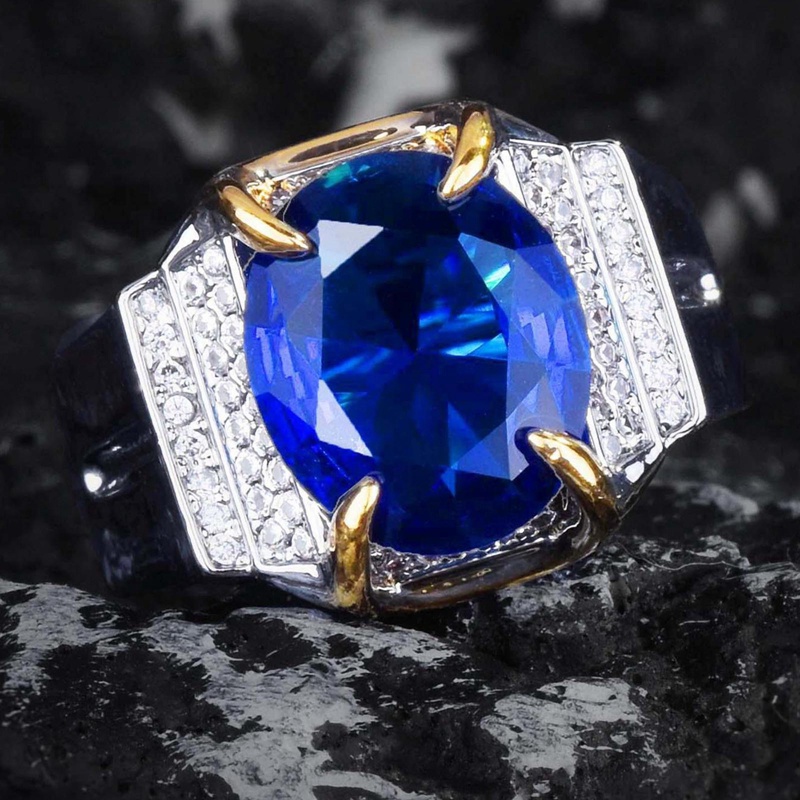 Cincin Safir Simulasi Kualitas Mewah Untuk Pria Cincin Perjamuan Pernikahan Permata Biru Warna-Warni