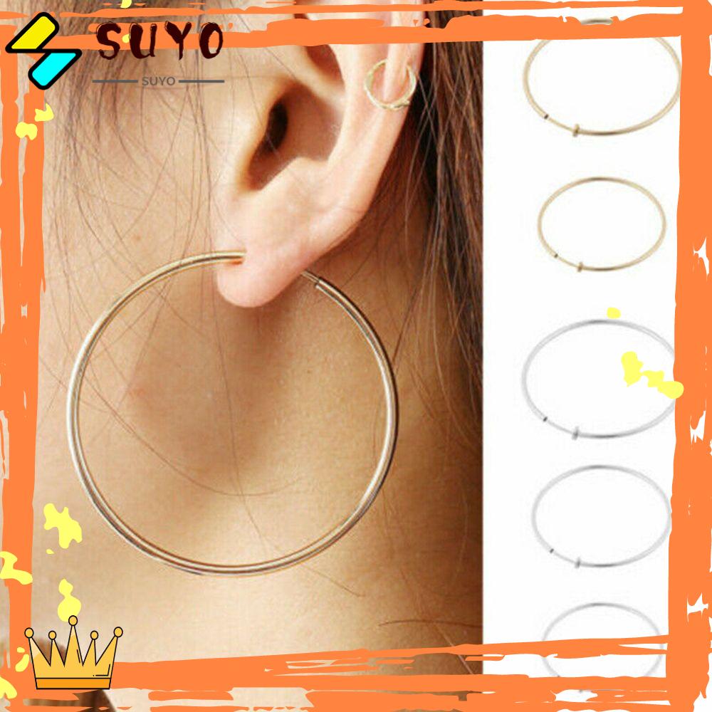 Suyo Anting Lingkaran Besar Perhiasan Punk Musim Semi Klip On Goth Ear Clips
