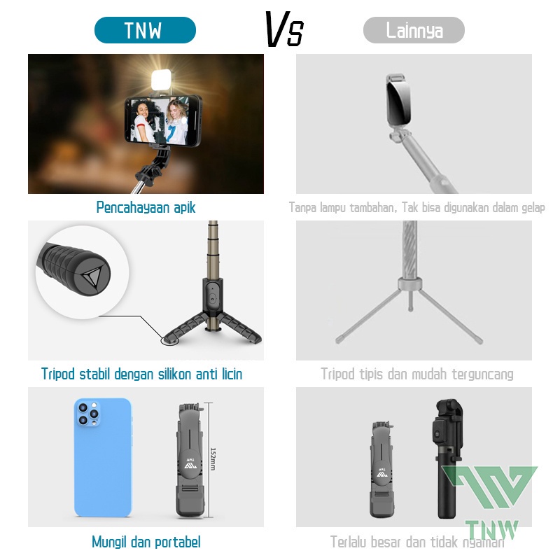 Akane Zora Mini Selfie Stick Tongsis Bluetooth Tripod LED Fill Light TONGSIS 3 IN 1 Wireless