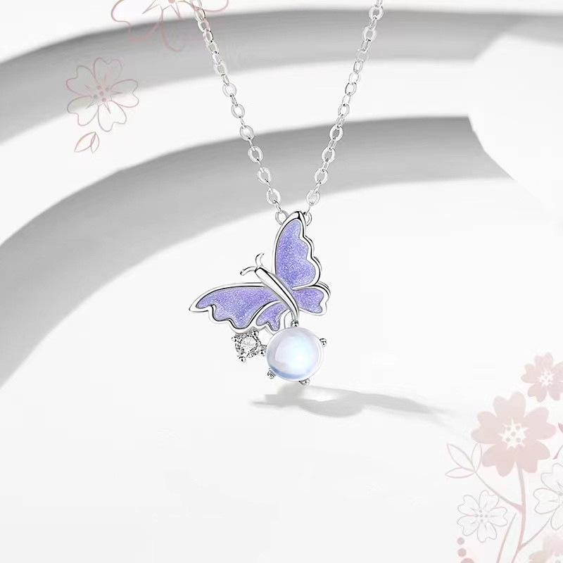 Ins Bubble Butterfly Necklace Kalung Liontin Opal Zircon Kupu-Kupu Ungu Korea Untuk Wanita