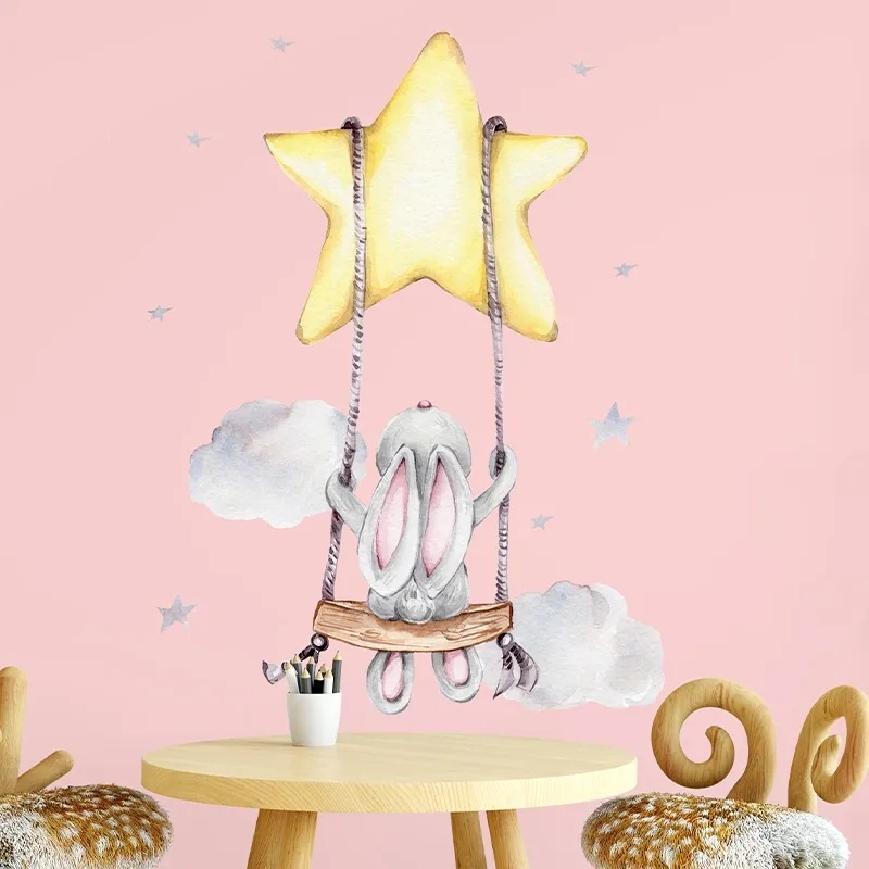 Aksesoris Dekorasi Kamar Anak Perekat Diri 3D Indoor Stiker Dinding Tahan Air Tahan Debu Wallpaper Latar Belakang TV Art Decal Swing Pola Kelinci Aplikasi Dinding
