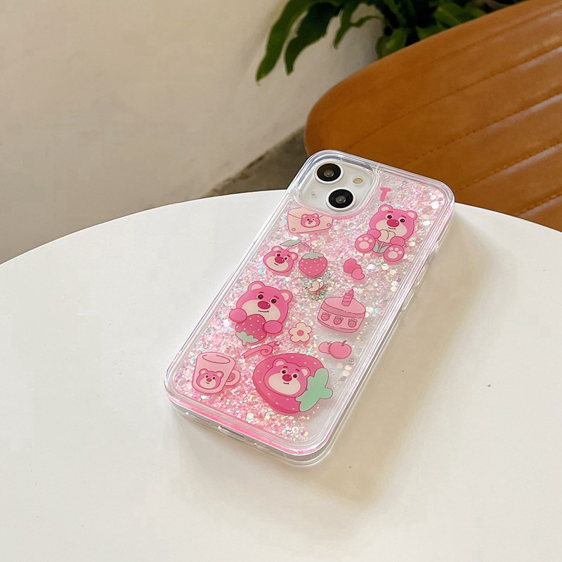 Nice Quicksand Pink Strawberry Bear Girl Woman Soft TPU Case HP iP iPhone 12 13 14 Pro Max 11 FTD Casing Apple