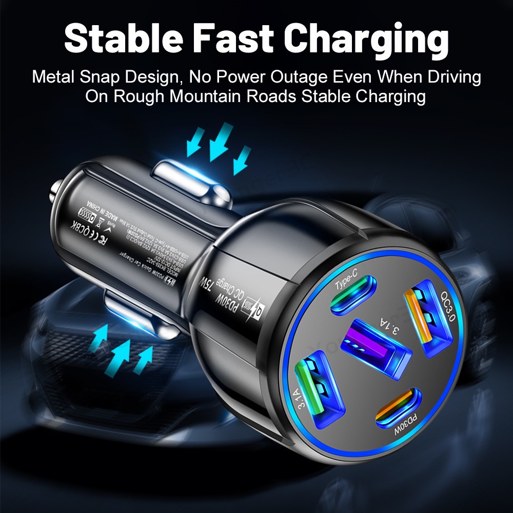 5in1 Fast Charging Charger 3USB+2PD Travel Adoptor 75W Adaptor Pengisian Cepat Untuk i-phone Android Micro Tipe C