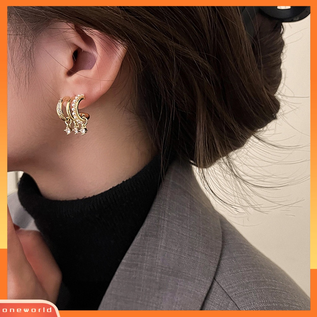 [EONE] 1pasang Anting Hoop Multi-layer Geometris Glitter Mutiara Imitasi Hias Berlian Imitasi Stud Earrings Perhiasan Aksesori