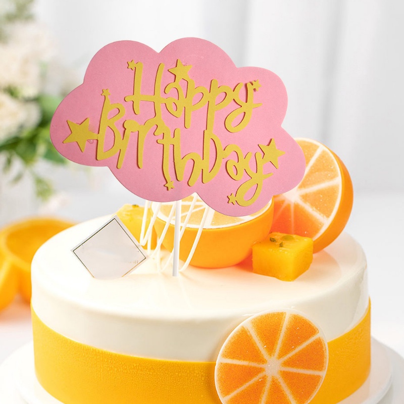 [Harga Grosir] Happy Birthday Cloud Topper Card Baking Dessert Decor Aksesoris Mousse Ice Cream Cupcake Hiasan Kue Mengkilap Kertas Insert Piring