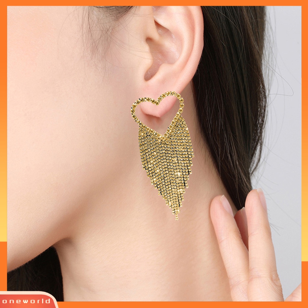 [EONE] 1pasang Drop Earrings Shining Long Tassel Glitter Semua Pertandingan Anti-Alergi Dekorasi Telinga Gaya Korea Temperamen Cinta Hati Penuh Berlian Imitasi Ear Studs Menjuntai Earrings