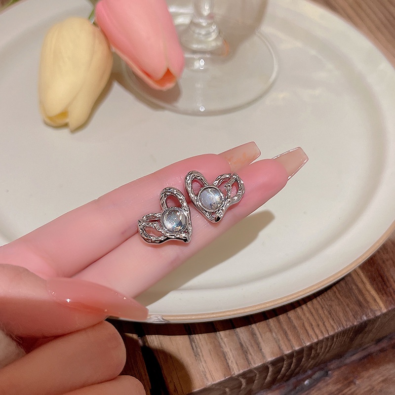 Cinta Tidak Teratur Anting Hati Korea Fashion Opal Wanita Anting S925 Perak Jarum Anting