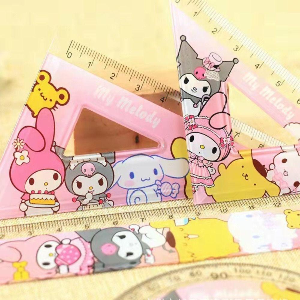 Lanfy Penggaris Segitiga Lurus Busur Derajat Set Multifungsi 4 Pcs/Set Kuromi Anime Math Supplies Kawaii Dividing Ruler