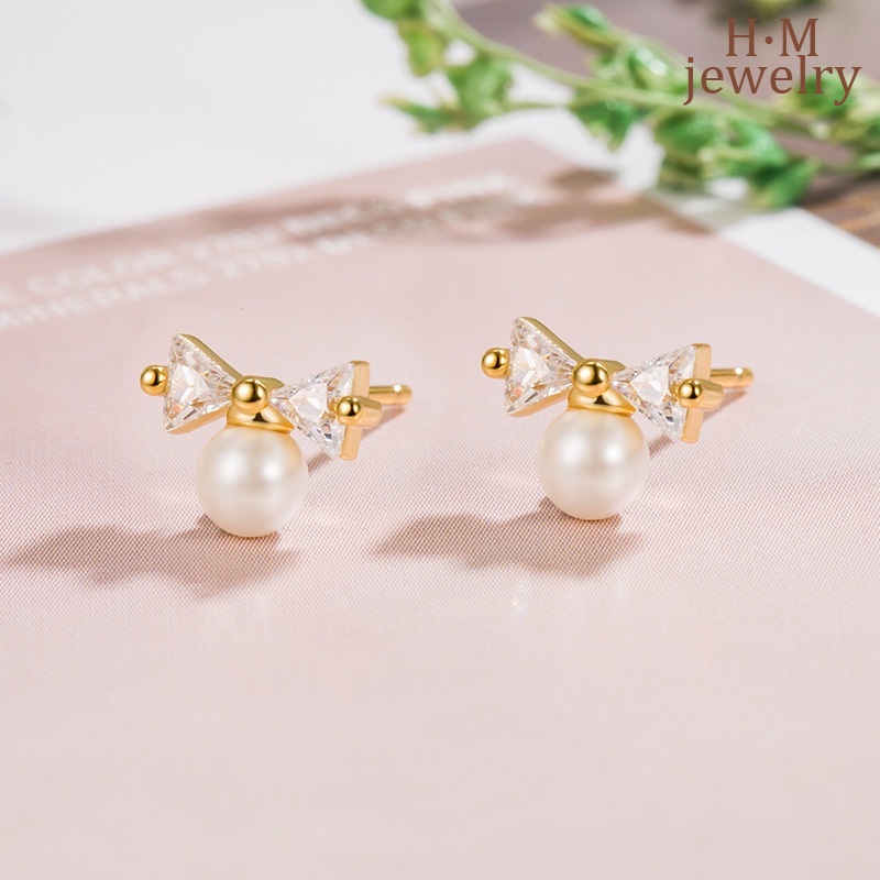 S925 Perak2023Baru Lembut Busur Mutiara Stud Anting-Anting Elegan Bermutu Tinggi Anting-Anting