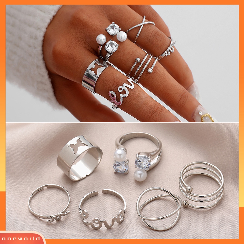 [EONE] 6 Pcs Jari Cincin Huruf Kupu-Kupu Mutiara Imitasi Pria Wanita Pembukaan Adjustable Ins Style Rings Fashion Jewelry