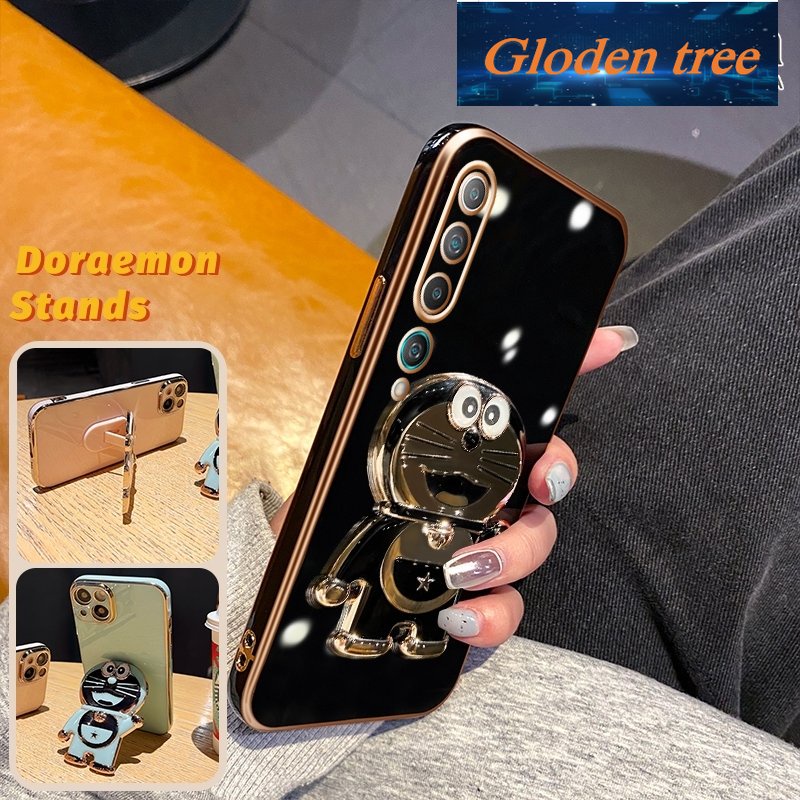 XIAOMI MI Gloden tree Casing Untuk Xiaomi Mi10 Lite Zoom10 Youth Case Fashion Kartun Doraemon Lipat Stand Phone Case Electroplating Shockproof Phone Holder Case