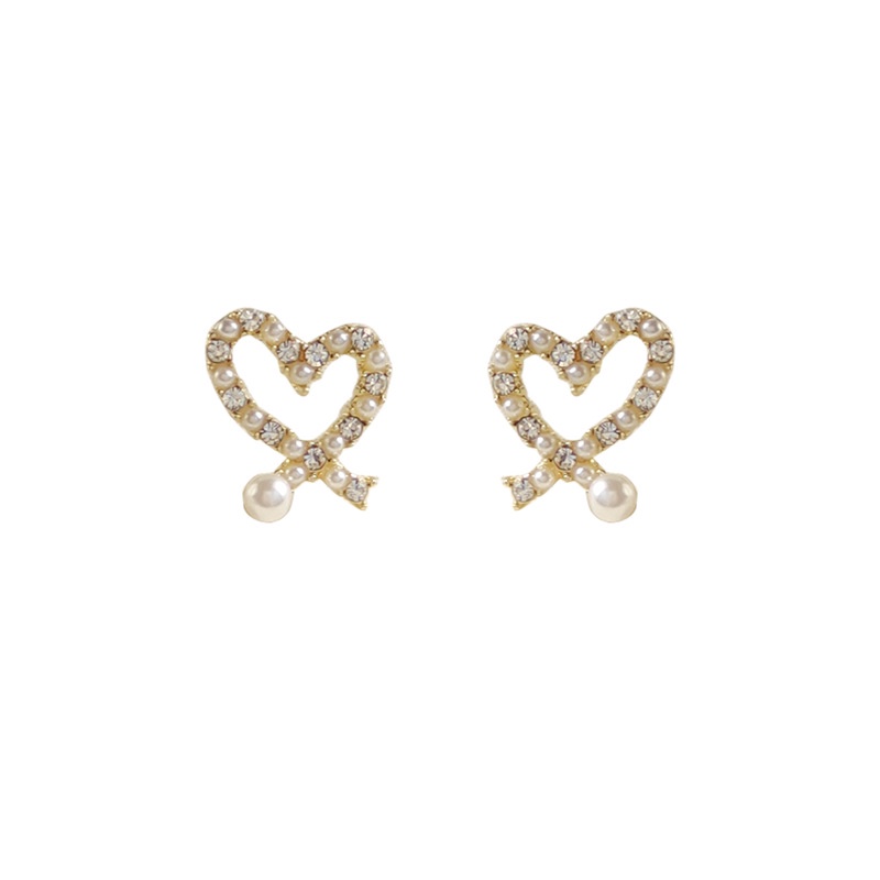Anting Tusuk Mutiara Kristal Elegan Hati Hollow Out Anting Emas Untuk Aksesoris Perhiasan Wanita