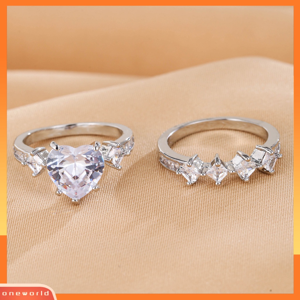 [EONE] 2pcs/set Lady Set Cincin Bentuk Hati Geometris Dipoles Mengkilap Cubic Zirconia Indah Jari Dekorasi Mewah Romantis Cinta Buku Jari Cincin Set Perhiasan
