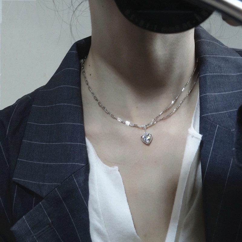 Kami Bunga Mewah S925 Perak Berkilau Kristal Hati Liontin Kalung Untuk Wanita Gadis Keren Manis Tulang Selangka Rantai Kalung Perhiasan Aksesoris