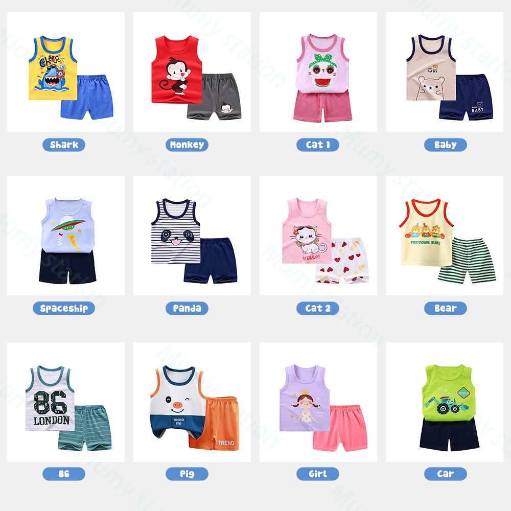 Mumystation 0-2Tahun Setelan Anak Bayi Tanpa Lengan Dan Celana Pendek/Kaos Oblong Bayi