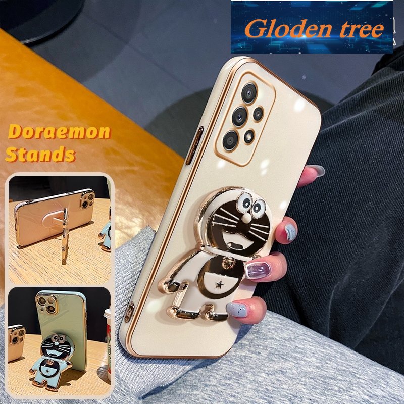 Gloden tree Casing Untuk Samsung Galaxy A52 4G 5G A52s 5G Case Fashion Kartun Doraemon Lipat Stand Phone Case Electroplating Shockproof Phone Holder Case