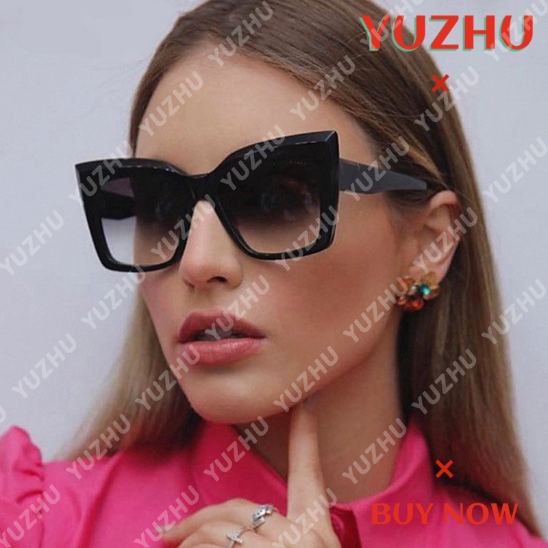 (YUZHU) Western Fashion Oversized Frame Cat Eye Sunglasses Untuk Wanita Hitam Square Gradient Shade Sunglasses