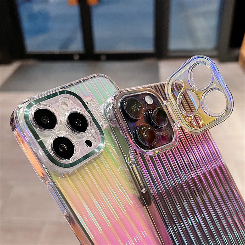 Casing Holder Lensa Perlindungan Kamera Lipat iphone 14 pro max plus case iphone 12 13 pro max Mewah Bening Laser Perlindungan Shockproof Hard back cover