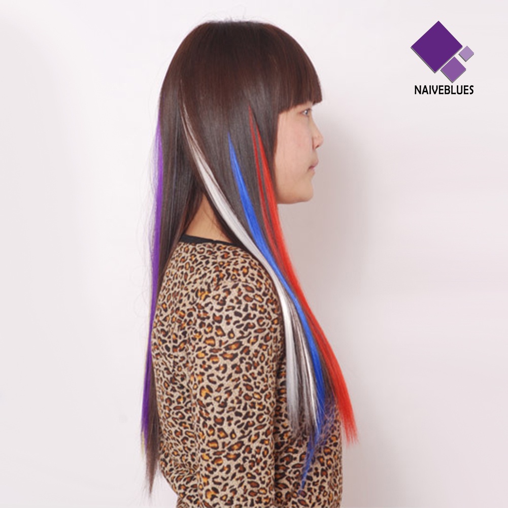 &lt; Naiveblues &gt; Rambut Sintetis Wanita Panjang Lurus Multi Warna Ekstensi Wig Pesta