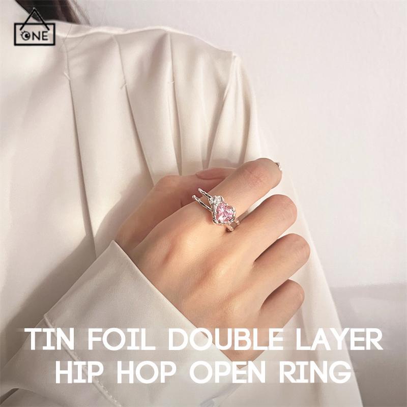 COD❤️Cincin Zirkonia Cinta Sejuk Manis Cincin ganda mode wanita Ukuran dapat disesuaikan-A.one